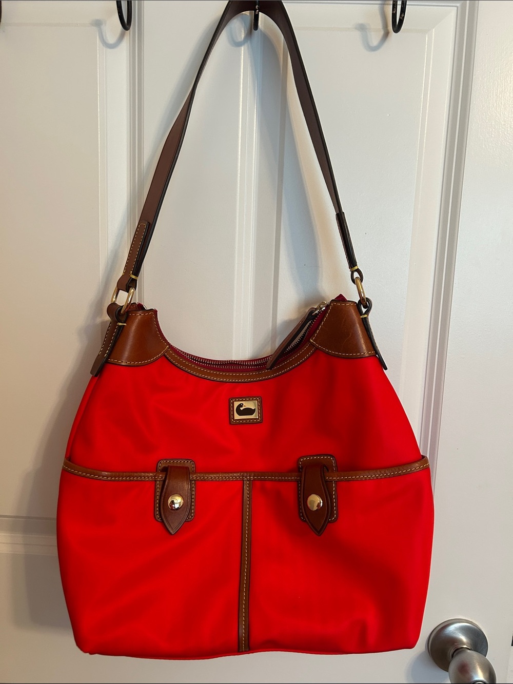 Dooney & Bourke Bright Red Nylon Shoulder Bag with Brown Leather Trim